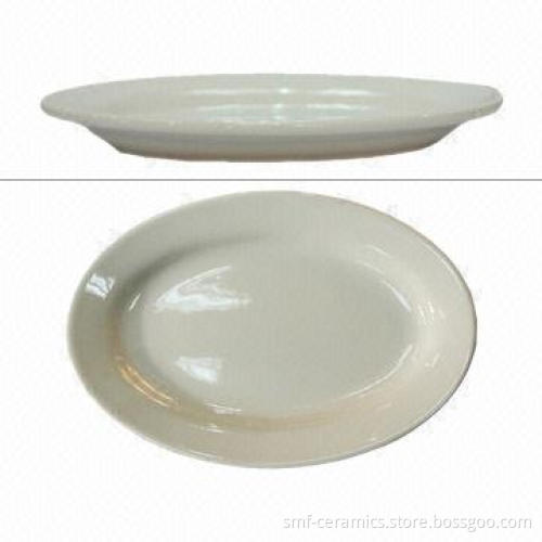 9.375-inch wide rim ceramic oval plate, ideal for hotels, CIQ-/FDA-/LFGB-approved